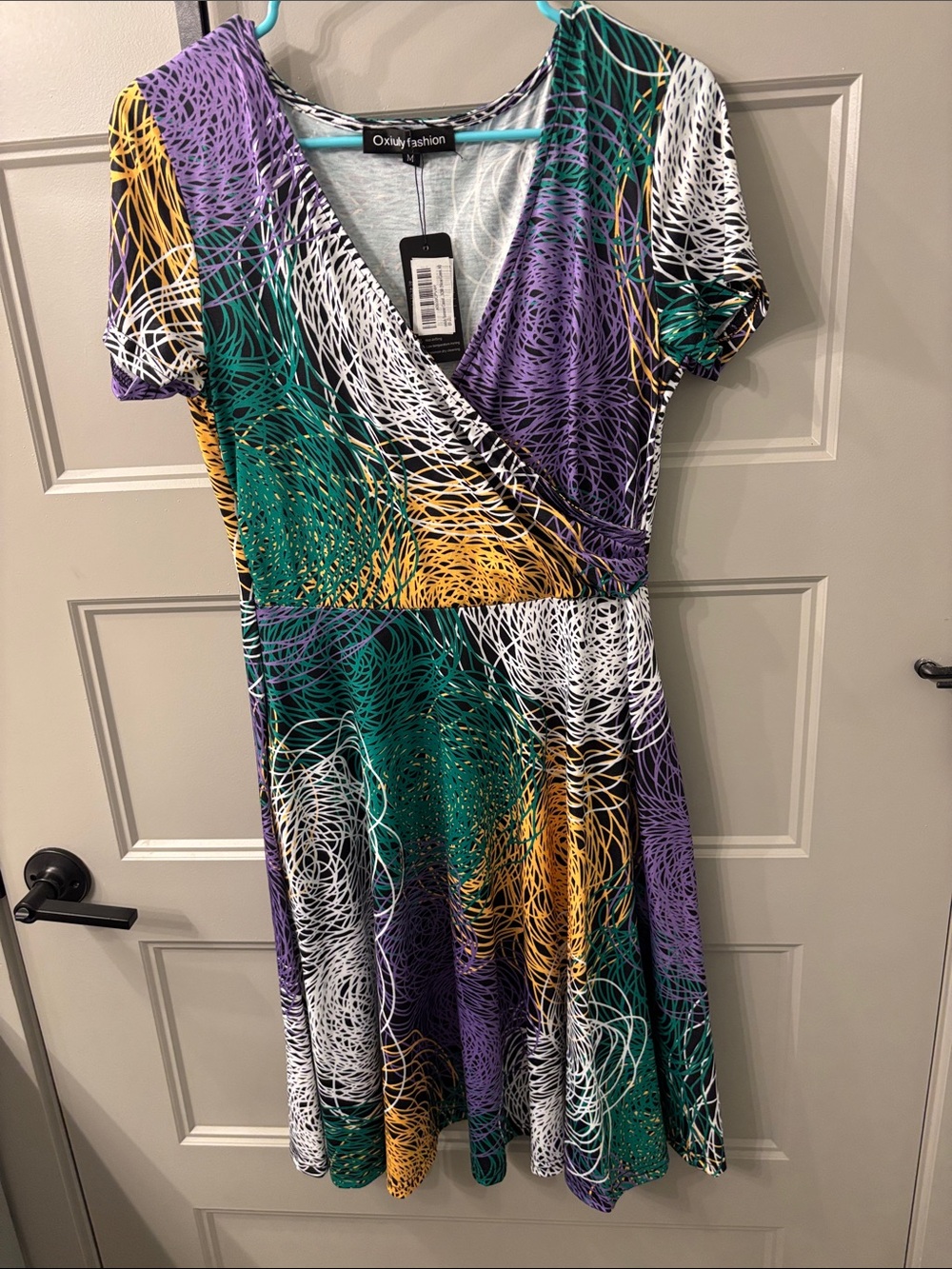 Oxiuly Fashion Green/Purple/Gold Abstract Wrap Dress